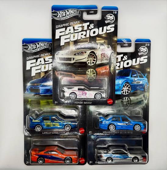 HOT WHEELS SCALE 1:64 IMPORTED 2025 FAST AND FURIOUS SILVER SERIES GRAPHIC REMIX - SET OF 5
