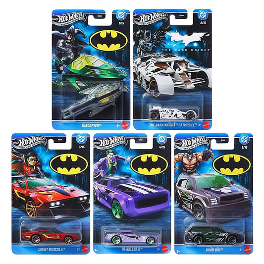 Hot Wheels 2026 DC Comics Batman-Themed Silver Celebration Series 1:64 Scale - Set Of 5 Cars indian card