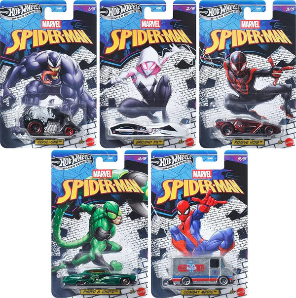 Hot Wheels 2026 Marvel Spider-Man Silver Celebration Series 1:64 Scale - Set Of 5 Cars indian card