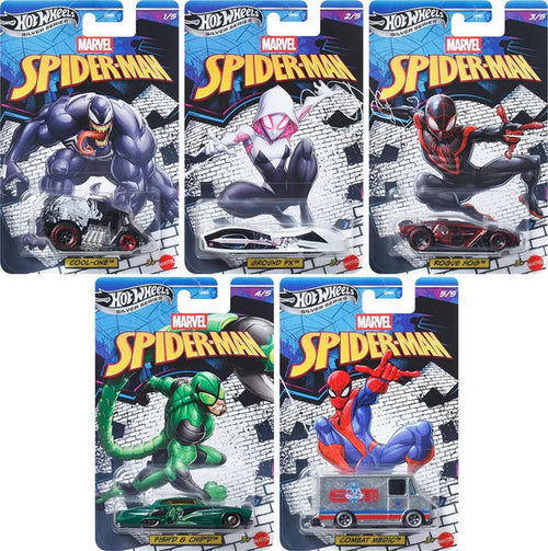 Hot Wheels 2026 Marvel Spider-Man Silver Celebration Series 1:64 Scale - Set Of 5 Cars indian card