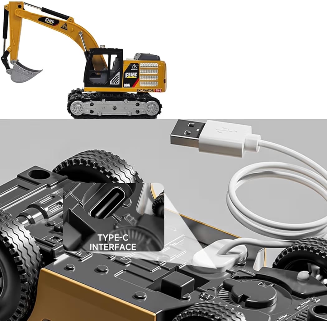 TRASPED HG4-413 1:64 Mini RC Excavator – Alloy Bucket, 270° Rotation, App Control, Lights & Sound | Remote Control Construction Toy